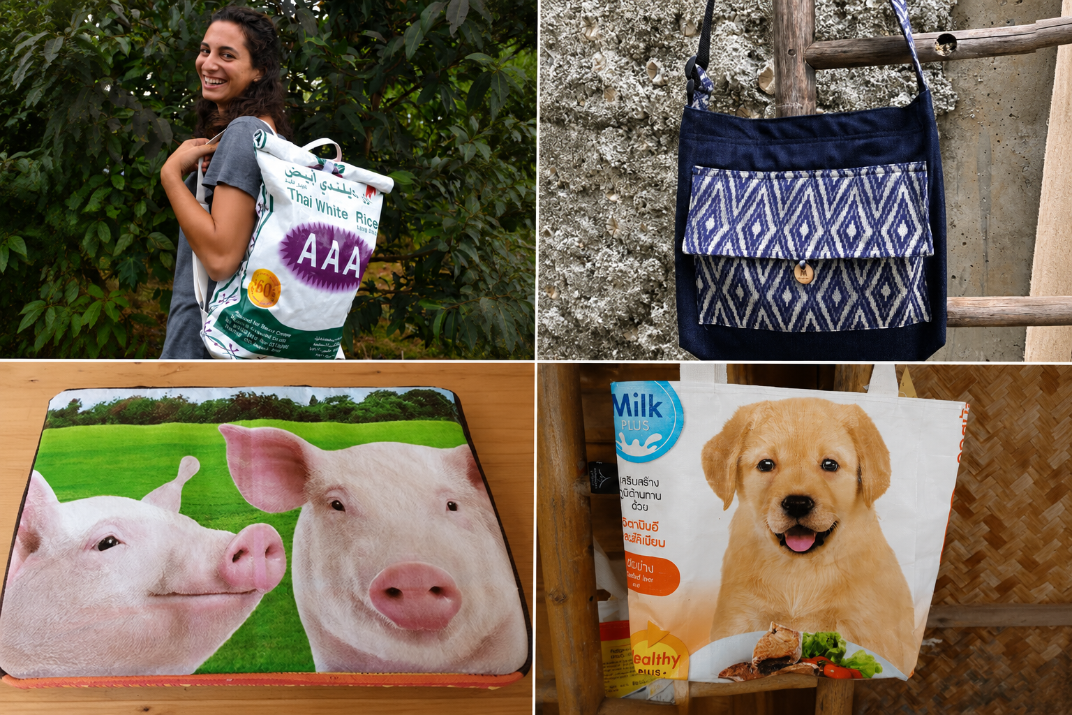 Handmade tote bags and accessories created from recycled rice sacks, feed bags, and traditional Thai woven textiles.