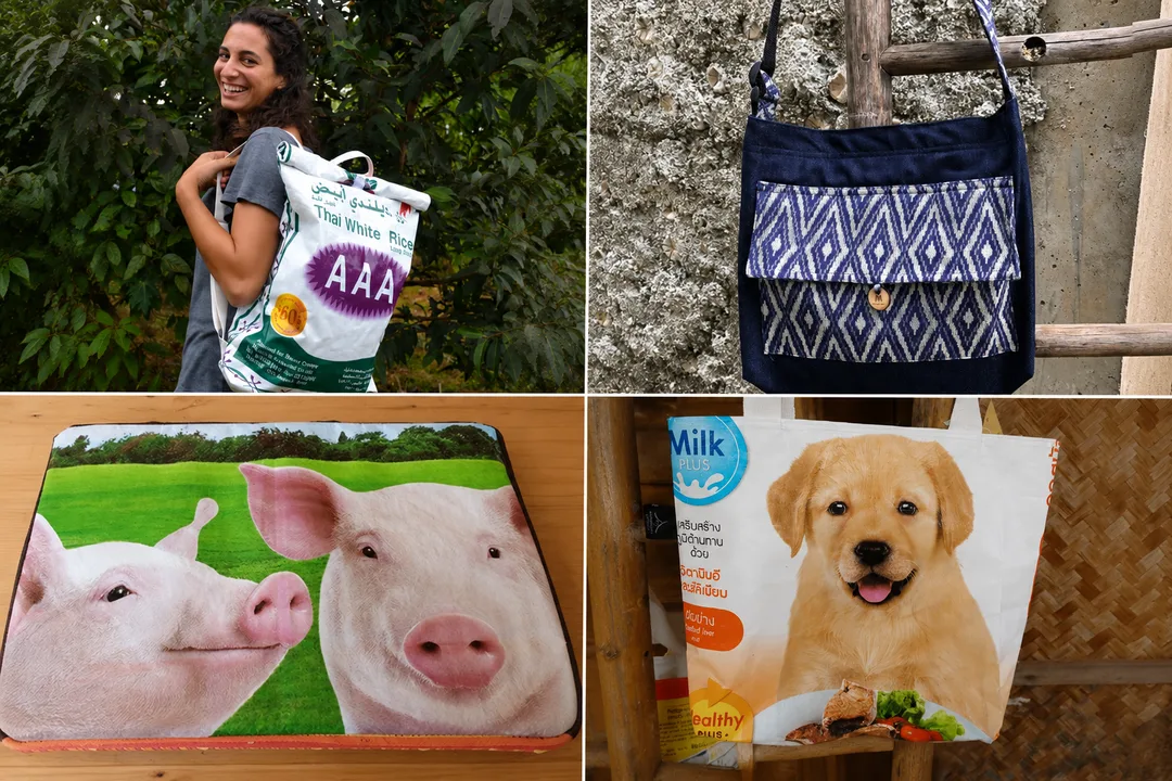 Handmade tote bags and accessories created from recycled rice sacks, feed bags, and traditional Thai woven textiles.