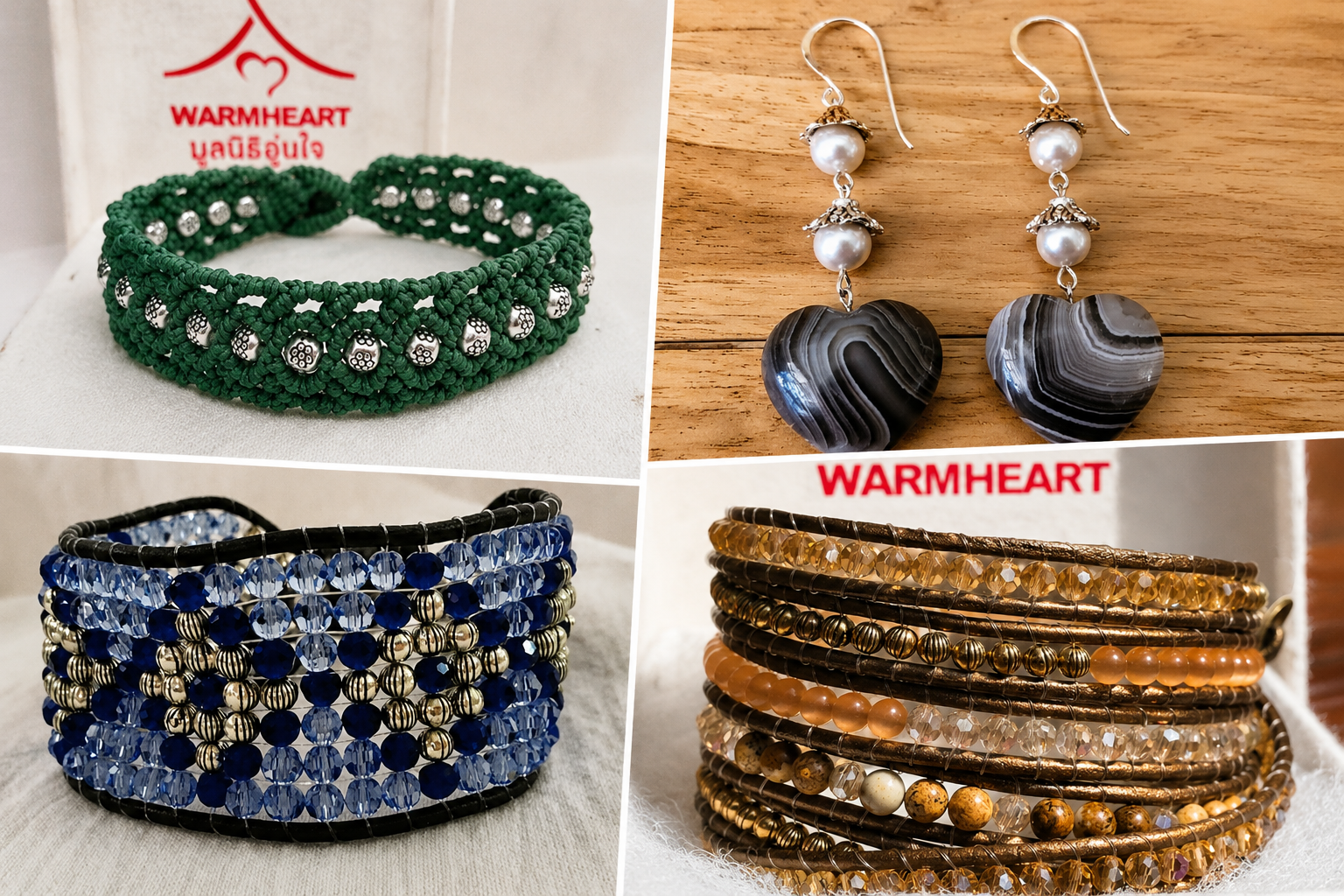 Handmade macramé bracelets and gemstone earrings crafted by artisans for Fashion Accessories by Warm Heart.