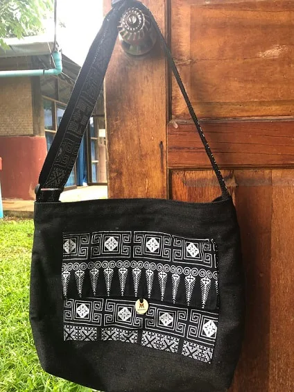 Black Denim Totebag with black and white print