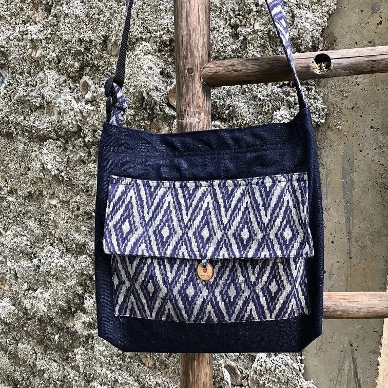 Blue Denim Totebag with Blue Ikat Print