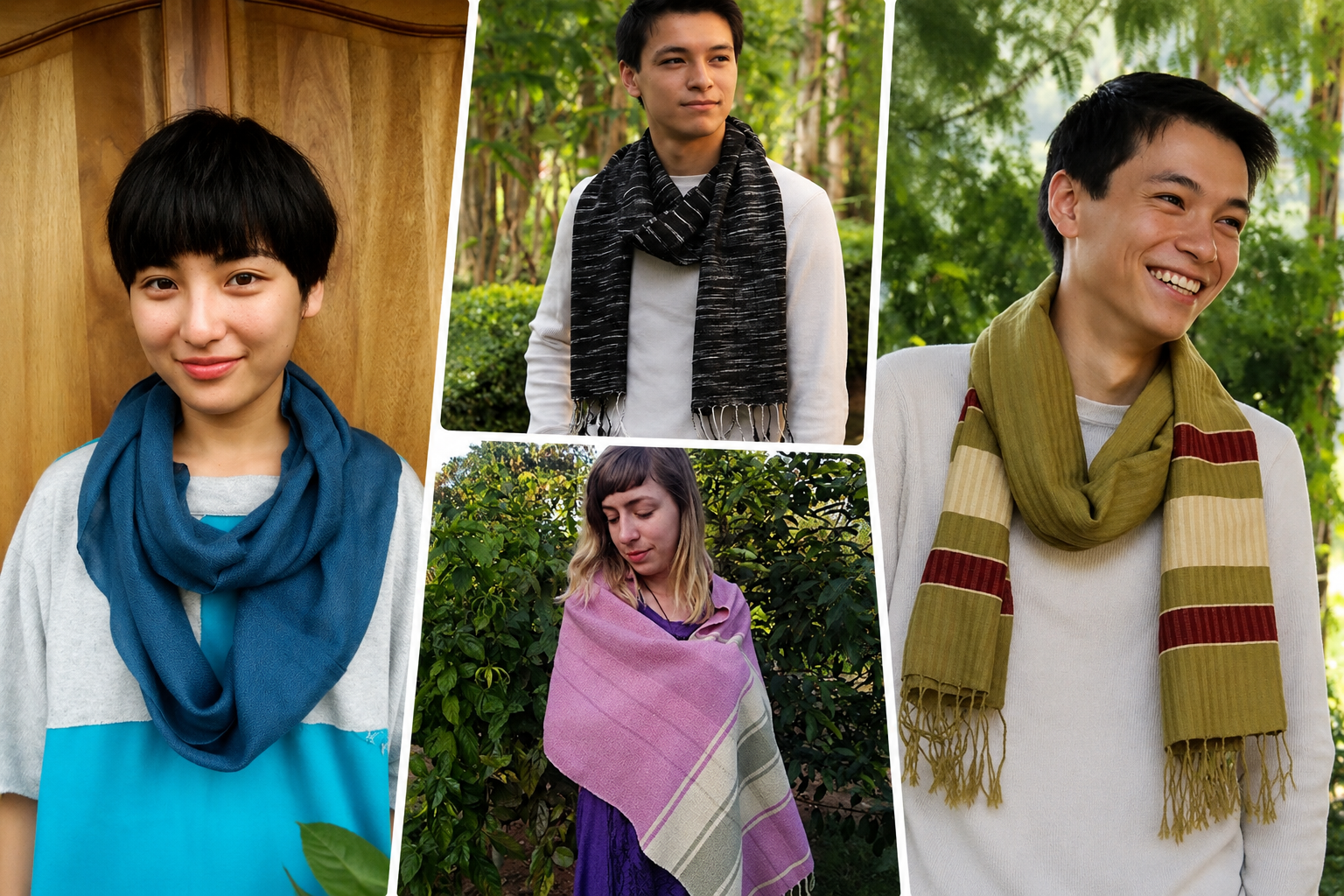 Men and women modeling handmade cotton and silk scarves created by artisan weavers in northern Thailand.